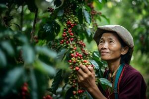 donna raccolta caffè Lavorando. creare ai foto