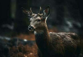 cervo giovane a in profondità foresta. creare ai foto