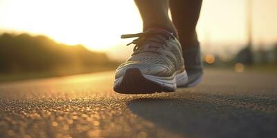 vicino su su il scarpa, corridore atleta piedi in esecuzione su il strada sotto luce del sole nel il mattina. ai generativo foto