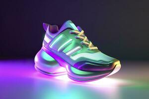 futuristico moda originale scarpe da ginnastica. futuro design di elegante gli sport scarpe con neon incandescenza, futuristico urbano estetica. abbigliamento sportivo, stile e moda, Domani calzature. ai generativo foto