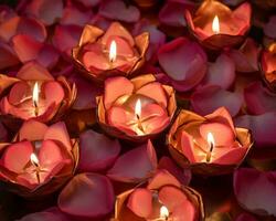 un Immagine mostrando parecchi ardente diyas nel il mezzo di petalo petali, Diwali azione immagini, realistico azione fotografie