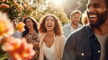 un' gruppo di persone siamo a piedi attraverso un' parco, mentale Salute immagini, fotorealistico illustrazione foto