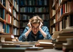 un' alunno seduta nel un' biblioteca, mondo studenti giorno immagini foto