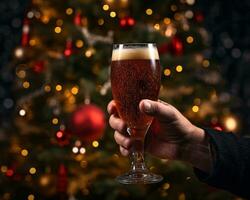 un' persona Tenere un' birra bicchiere nel davanti di buio Natale albero, Natale Immagine, fotorealistico illustrazione foto