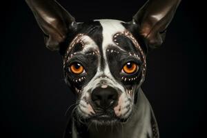 un' avvicinamento di un' cane con Halloween trucco nel davanti di un' buio sfondo, generativo ai foto