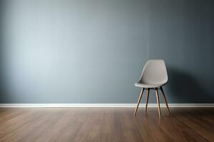un' camera con un' grigio parete e un' di legno pavimento. il camera è vuoto tranne per un' sedia, generativo ai foto