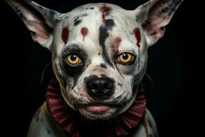 un' avvicinamento di un' cane con Halloween trucco nel davanti di un' buio sfondo, generativo ai foto