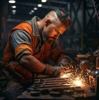 industriale uomo Lavorando su metallo piatto nel industriale fabbrica, industriale macchinari azione fotografie