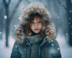 un' ragazza indossare inverno in piedi nel un' nevoso ambiente azione foto djsheeb, Natale Immagine, fotorealistico illustrazione
