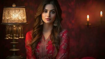 un' giovane donna indossare un' tradizionale rosso superiore, Diwali azione immagini, realistico azione fotografie