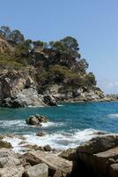 idilliaco spagnolo spiaggia con roccioso costa, verticale Visualizza foto