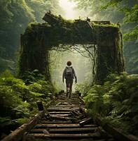 uomo a piedi lungo un coperto di vegetazione ponte nel il foresta, voglia di girovagare viaggio azione immagini, viaggio azione fotografie voglia di girovagare