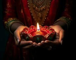 indiano mani Tenere un' candela durante diya, Diwali azione immagini, realistico azione fotografie