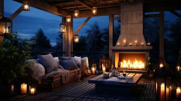 generativo ai, accogliente balcone nel il sera con lanterna, ghirlanda e candele. morbido divani e sedie per relax. boemo idee foto