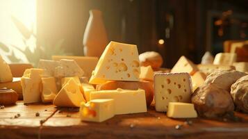 generativo ai, diverso tipi di formaggio su il tavolo foto