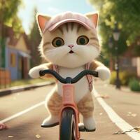 colorato gatto equitazione un' bicicletta guida animazione illustrazione e bellissimo sfondo foto