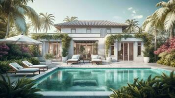 grande bianca vacanza villa, rilassante vacanza casa circondato di palma alberi nel un' tropicale caldo nazione ricorrere. ai generato foto