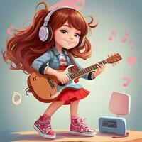 adolescenziale ragazza giocando chitarra 3d cartone animato personaggio foto