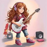 adolescenziale ragazza giocando chitarra 3d cartone animato personaggio foto