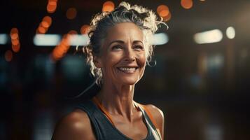 un' bellissimo anziano donna è sorridente nel Palestra foto