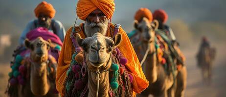 indiano uomini su cammelli nel deserti di India foto