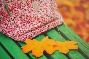 foglie cadenti. autunno nel parco cittadino in foglie gialle. foglie di acero gialle su una panchina verde con zaino da scuola. sfondo autunnale dietro. foto