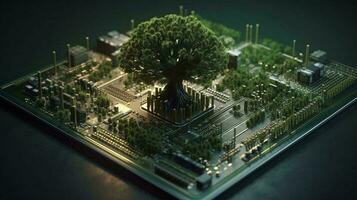 verde naturale eco-friendly albero e computer tecnologia su un astratto High Tech futuristico sfondo di microchip e computer circuito tavole con transistor. ai generato foto