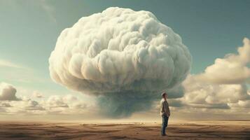 un' uomo sta nel davanti di un' grande polveroso nube dopo un esplosione nel il deserto. ai generato foto