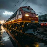 il treno cavalcate su rotaie e consegna merce e persone di rotaia. ai generato foto