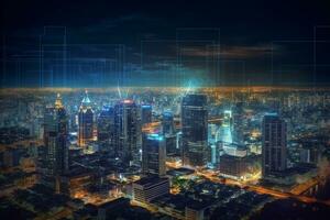 inteligente città con senza fili comunicazione Rete e Internet di cose IoT ai generato foto