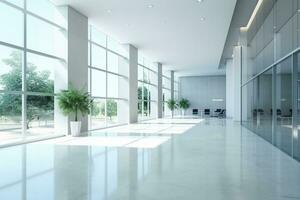 interno di moderno ufficio con bianca muri, piastrelle pavimento, panoramico finestre e luce del giorno. 3d interpretazione ai generativo foto