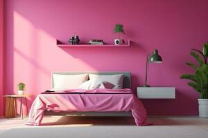 rosa Camera da letto interno con rosa muri e pavimento, 3d rendere. ai generato foto