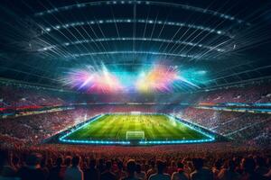 digitale calcio o calcio stadio a notte con folla di fan. 3d interpretazione ai generato foto