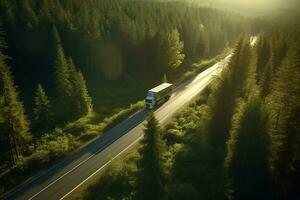 aereo Visualizza di un' camion su il strada nel il foresta. foto