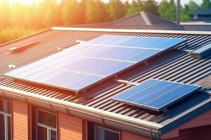 solare pannelli installato su il tetto di un' Casa. alternativa energia fonte. ai generato foto