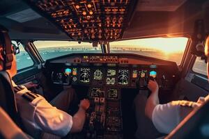 cabina di pilotaggio di un' aereo con un' Visualizza di il strada e il città ai generato foto