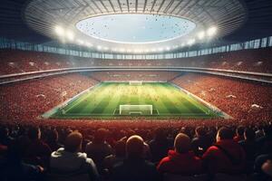 digitale calcio o calcio stadio a notte con folla di fan. 3d interpretazione ai generato foto