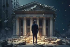 uomo d'affari in piedi nel davanti di il banca con rotto banca edificio nel il sfondo foto