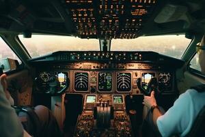 cabina di pilotaggio di un' aereo con un' Visualizza di il strada e il città ai generato foto