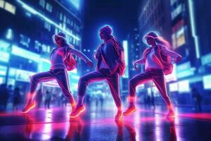 donne danza nel il buio palcoscenico con neon luce. 3d resa. foto