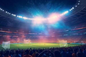 digitale calcio o calcio stadio a notte con folla di fan. 3d interpretazione ai generato foto