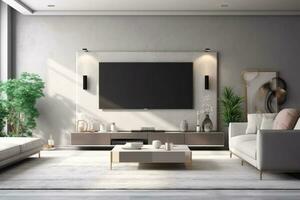 moderno vivente camera interno design con tv schermo su calcestruzzo parete. 3d interpretazione ai generativo foto