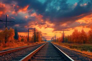 ferrovia a tramonto. ferrovia brani su un' sfondo di blu cielo. ai generato foto