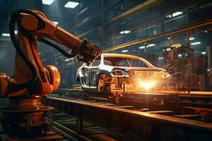 industriale robot Lavorando nel settore automobilistico produzione pianta. settore automobilistico industria. ai generativo foto