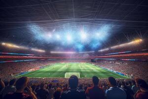 digitale calcio o calcio stadio a notte con folla di fan. 3d interpretazione ai generato foto