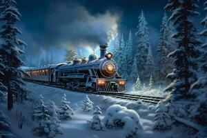 vapore locomotiva nel il inverno foresta. 3d illustrazione. digitale la pittura. ai generato foto