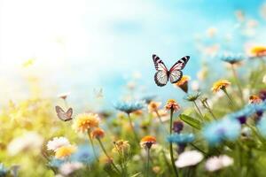 estate prato con fiori e la farfalla. natura sfondo. 3d rendere ai generativo foto