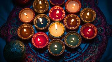 Diwali luci con candele sat su un' rosso modello, Diwali azione immagini, realistico azione fotografie