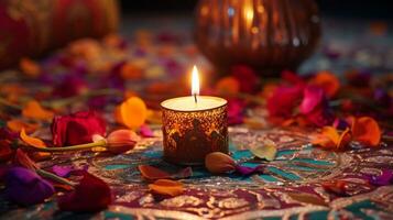 un' illuminato candela su il terra con colorato arredamento, Diwali azione immagini, realistico azione fotografie