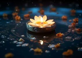 un' diya galleggiante nel un' piscina di acqua, Diwali azione immagini, realistico azione fotografie